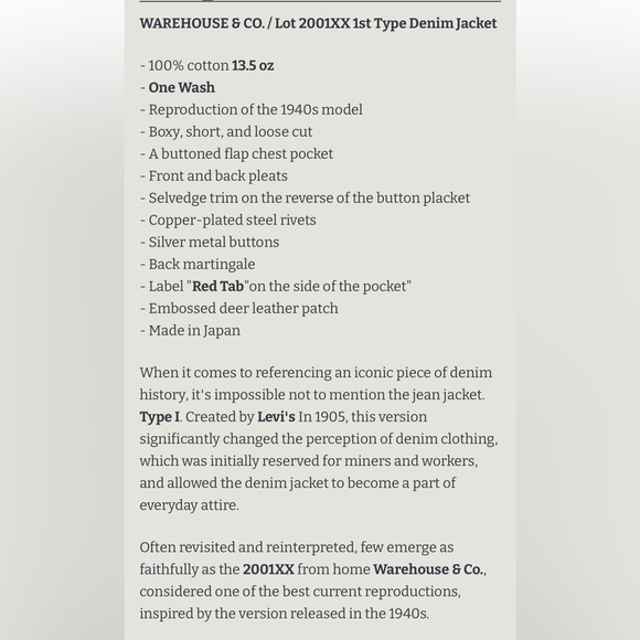 Warehouse & Co 2001XX 1940s Denim Jacket, NWOT - Picture 7 of 16